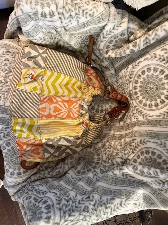 Fossil Patchwork Quilted Shoulder Bag in Orange, Yellow, Gray & Tan - Picture 2 of 4